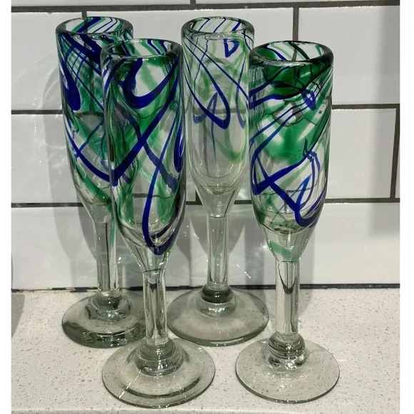 Vintage Set of 4 Handblown Turquoise Waves Champagne Flutes Glass Clear Sz 10x2 - Picture 1 of 9
